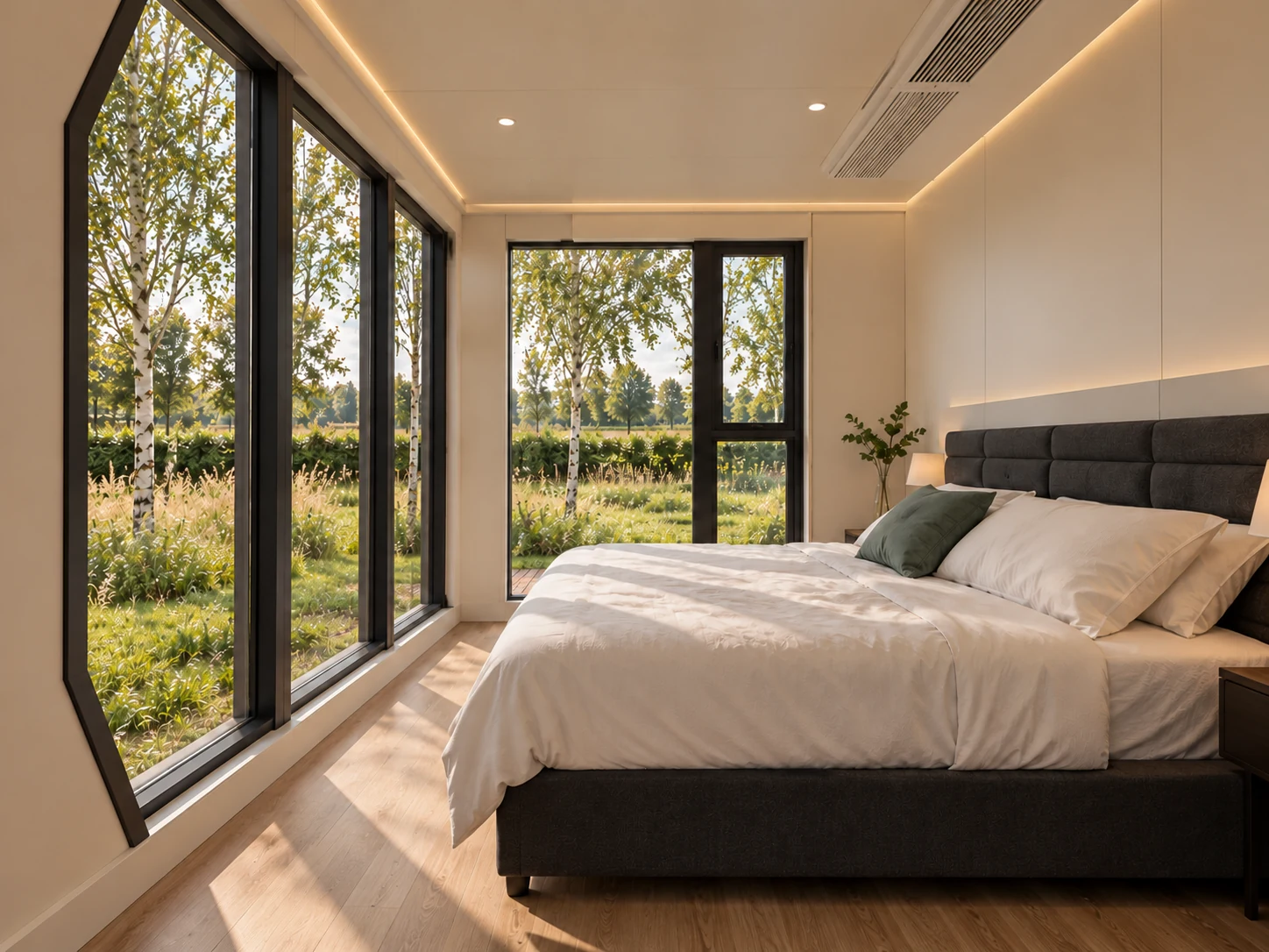 Slaapkamer op de begane grond van de woning met uitzicht op de tuin.