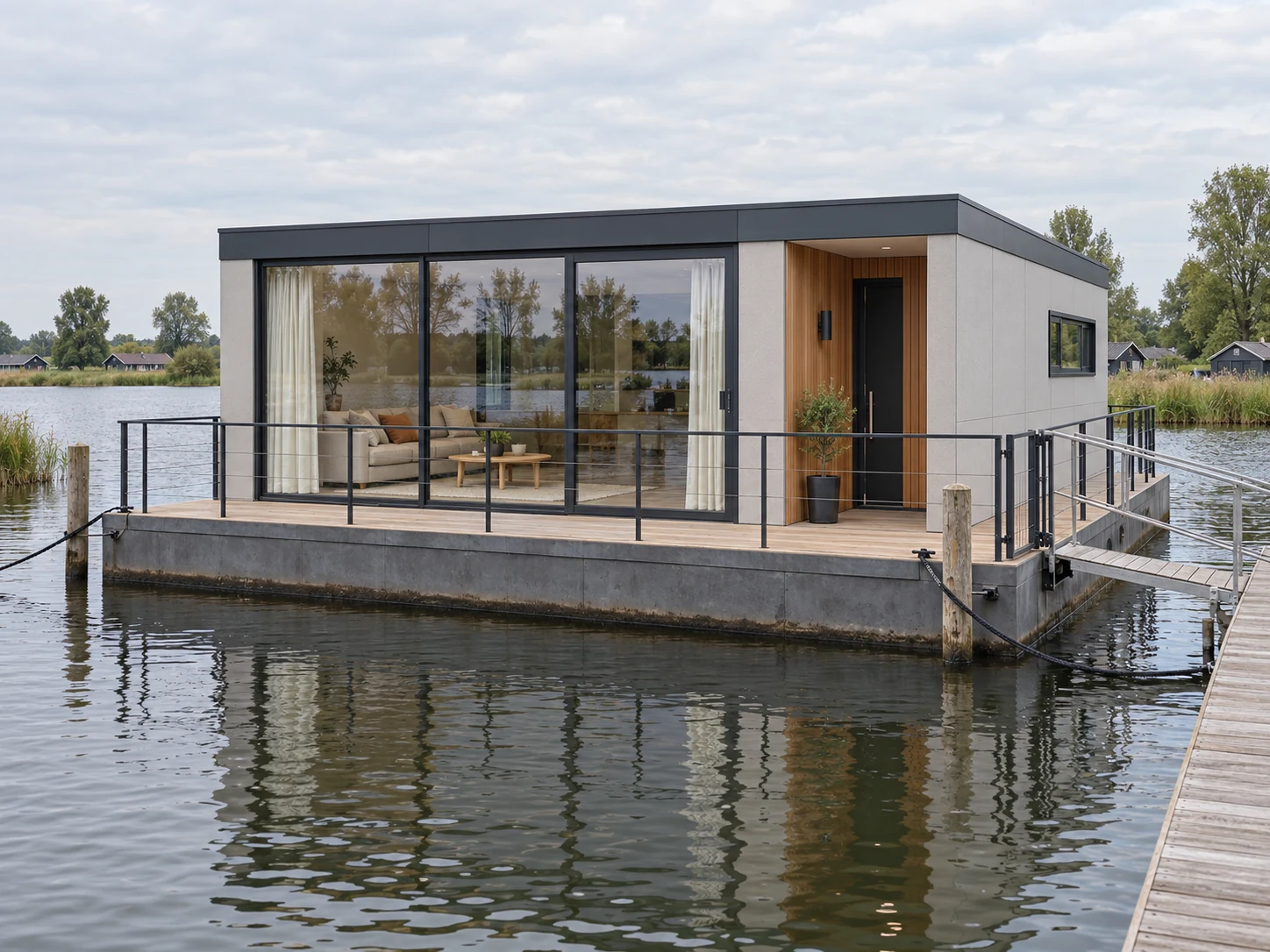 Woning op een ponton, met terras en loopbrug.