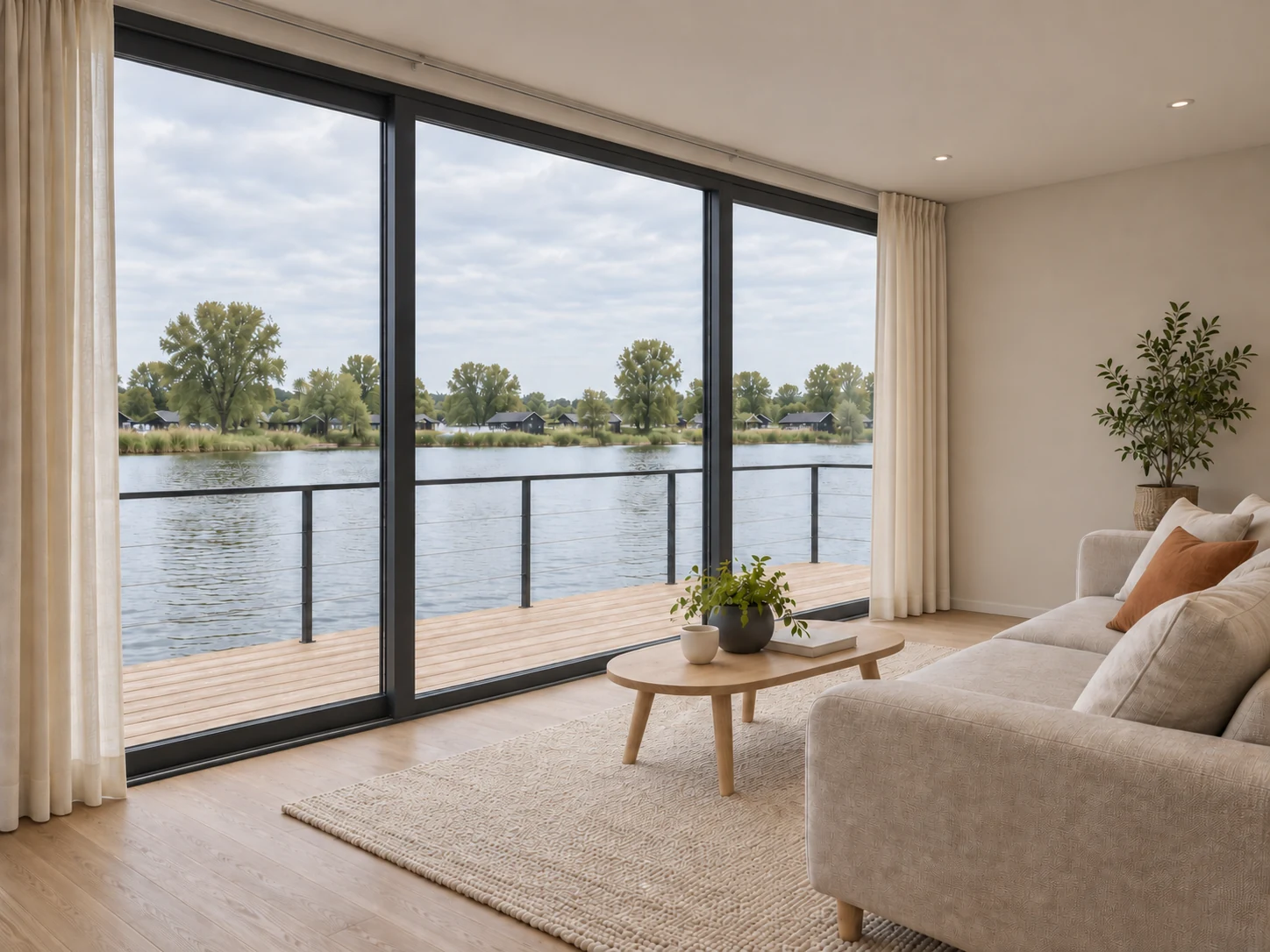 Interieur met uitzicht over het water.