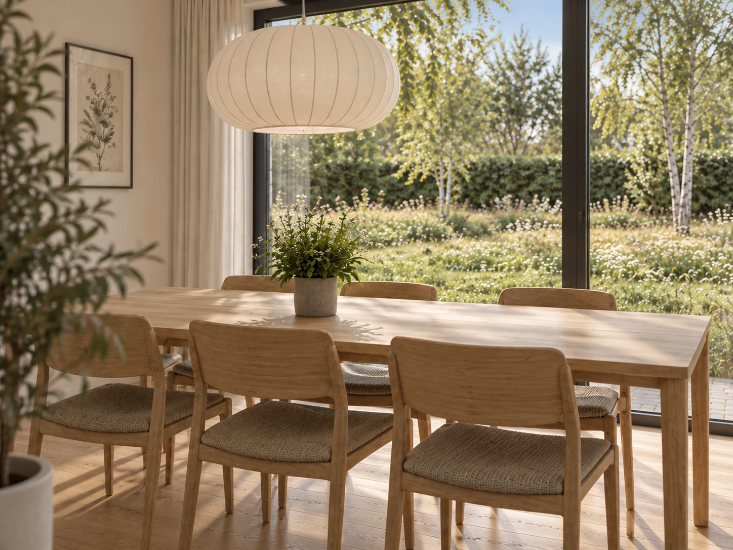 Detail van de eettafel, stoelen en hanglamp.