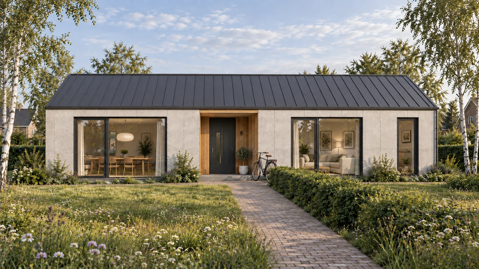 Vooraanzicht van de woning met grote ramen.