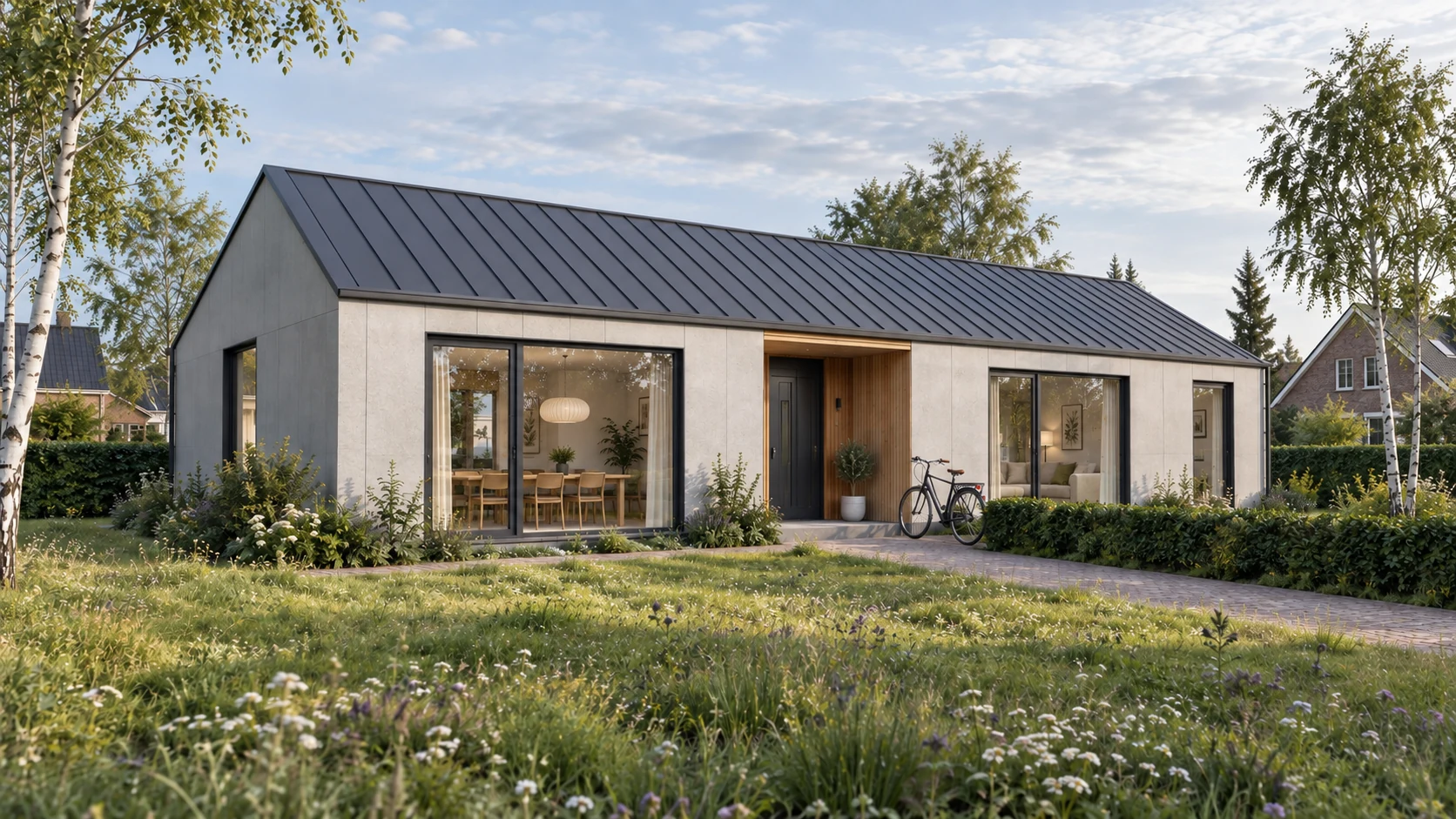 Woning met lichte gevel en houten entree, gezien vanuit de tuin.