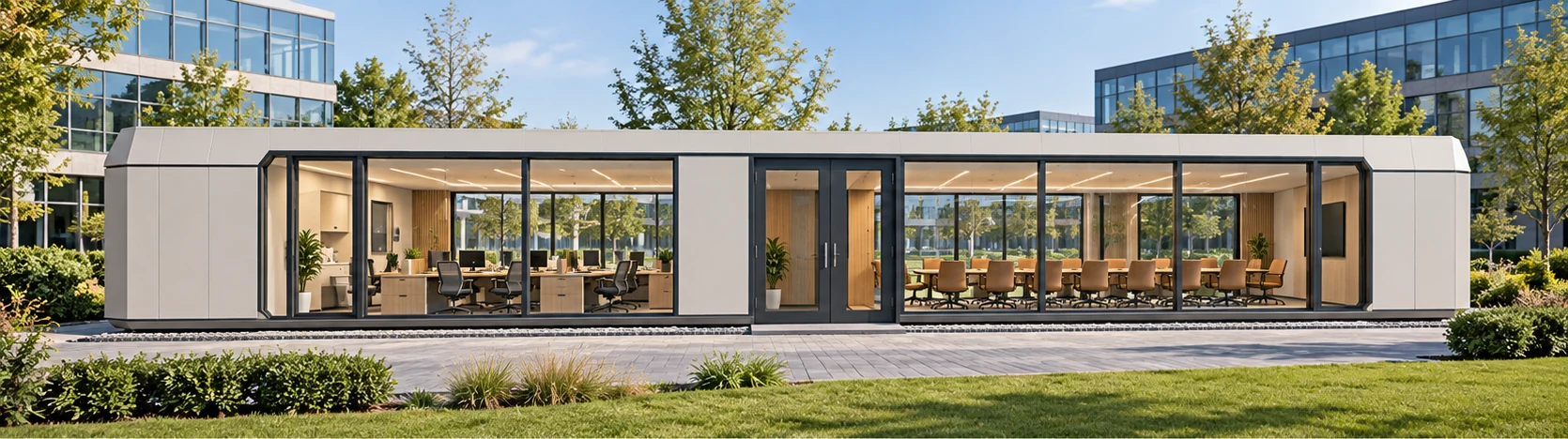 Modulair kantoor met werkplekken en een vergaderruimte.