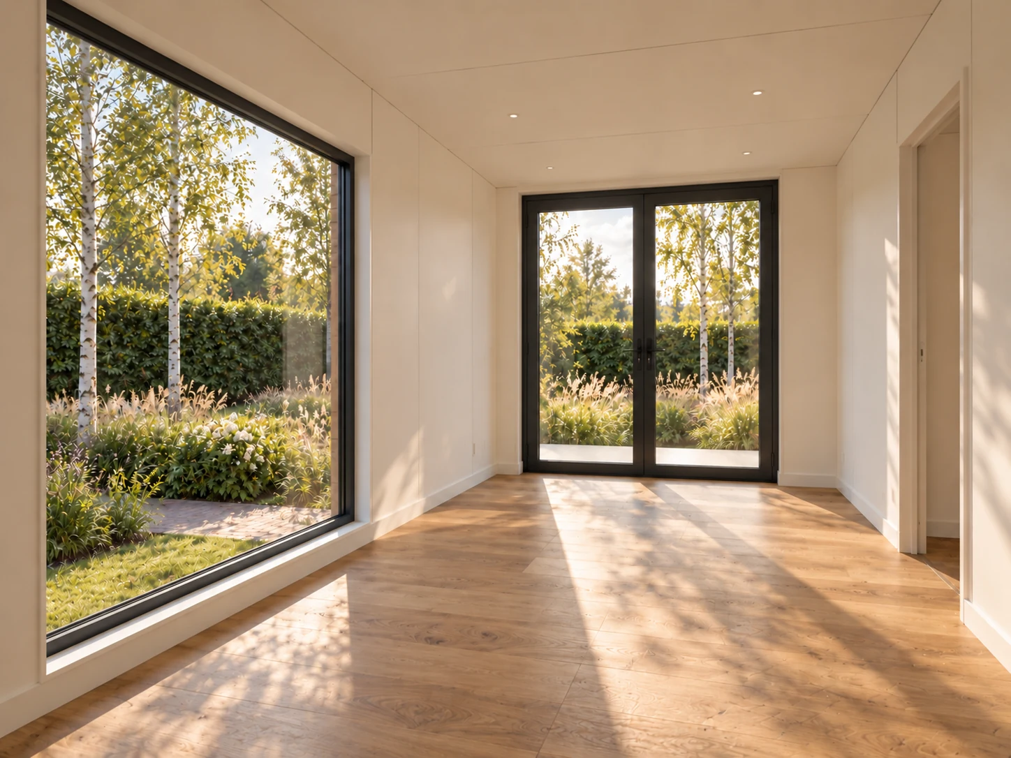 Interieur van de woning met lichte afwerking en glazen toegangsdeuren.