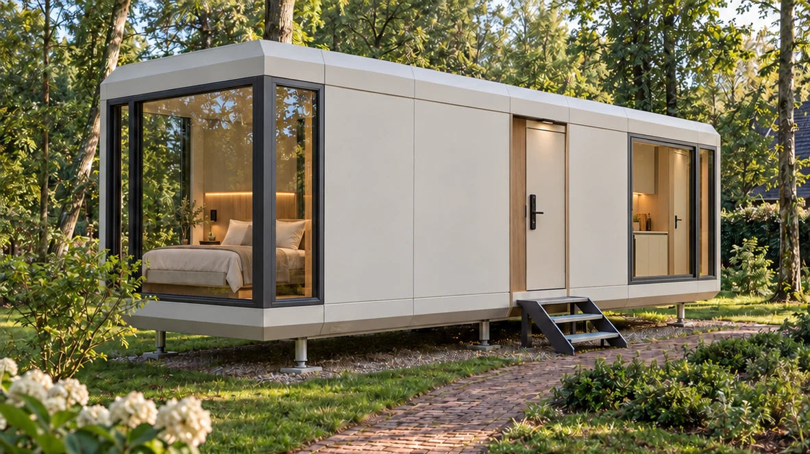 Woning met plat dak en grote ramen aan het uiteinde.