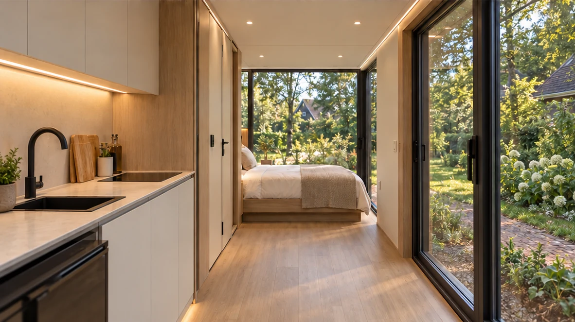 Compacte keuken en slaapruimte in de woning.