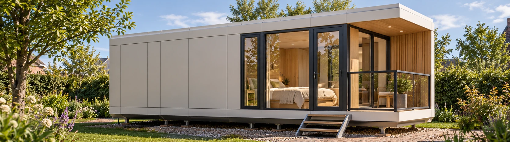 Woning met een overdekt balkon en lichte gevel.