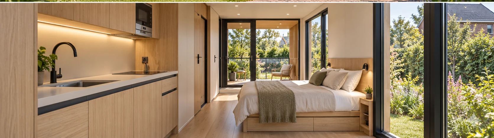 Interieur met keuken, bed en uitzicht op het balkon.