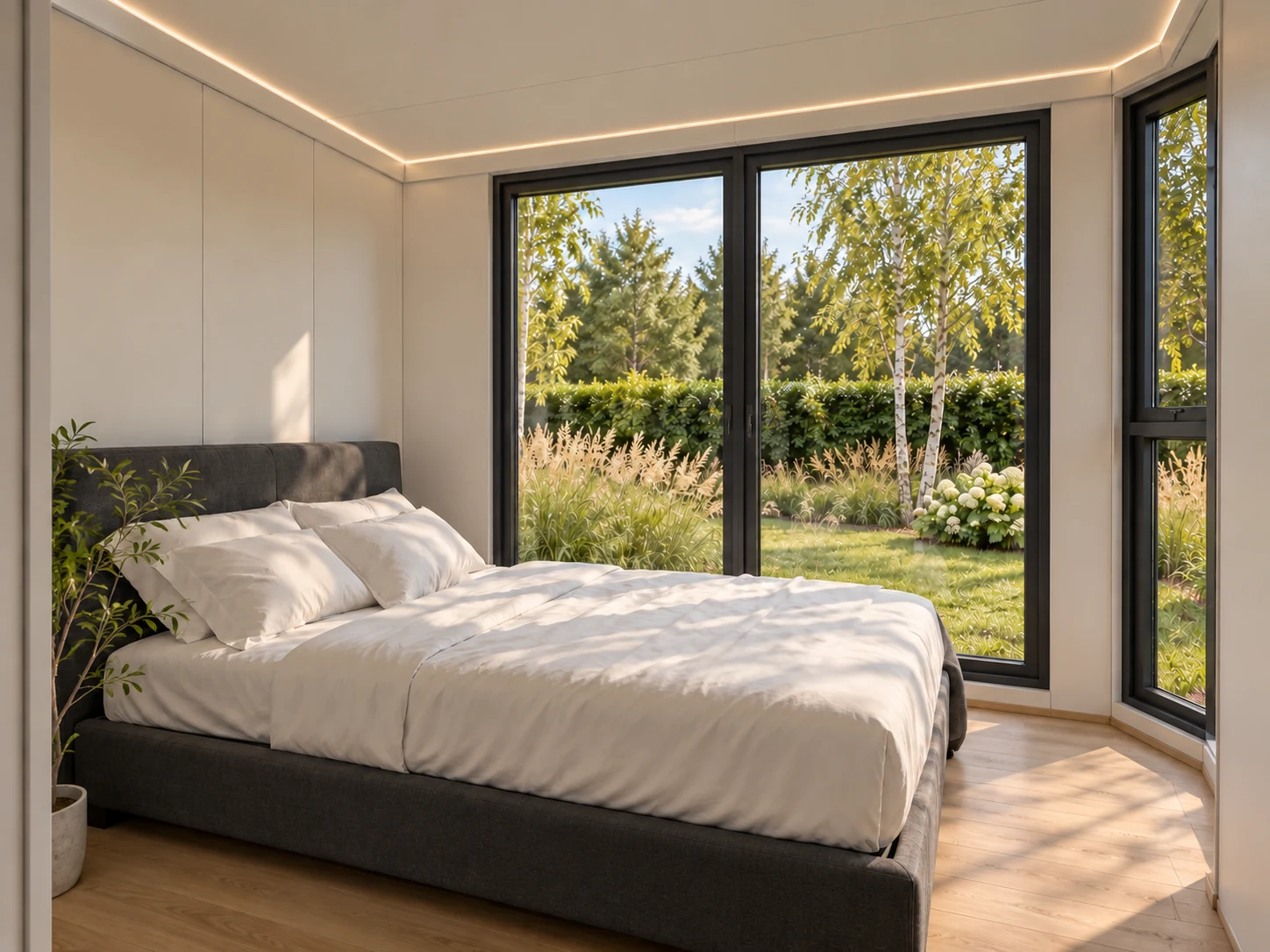 Slaapkamer van de woning met een donker bed en grote ramen.